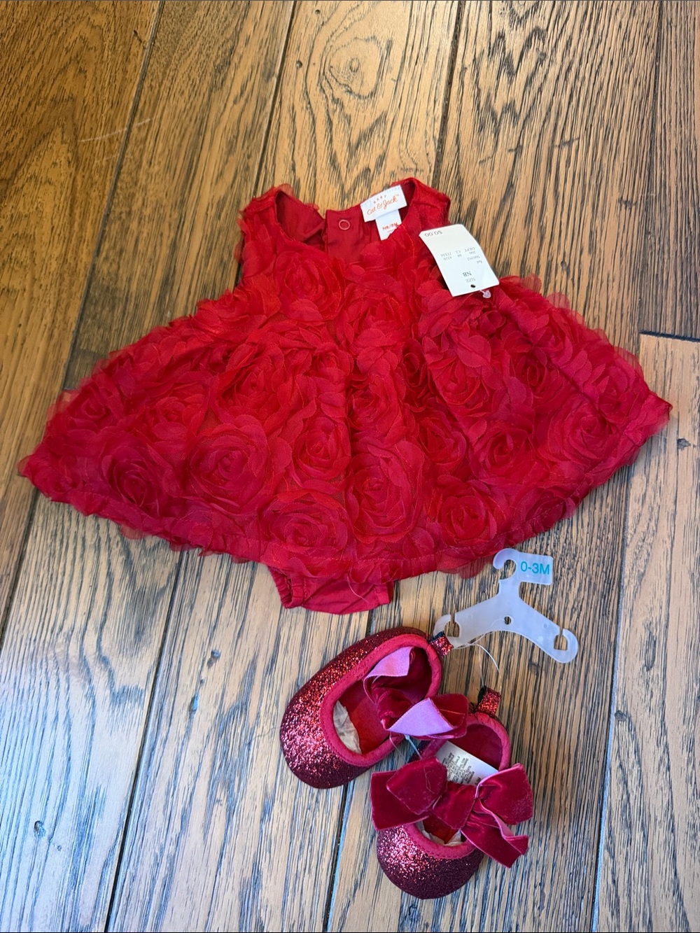 Cat & Jack Red Rose Dress with Matching Red Glitter Bow Shoes